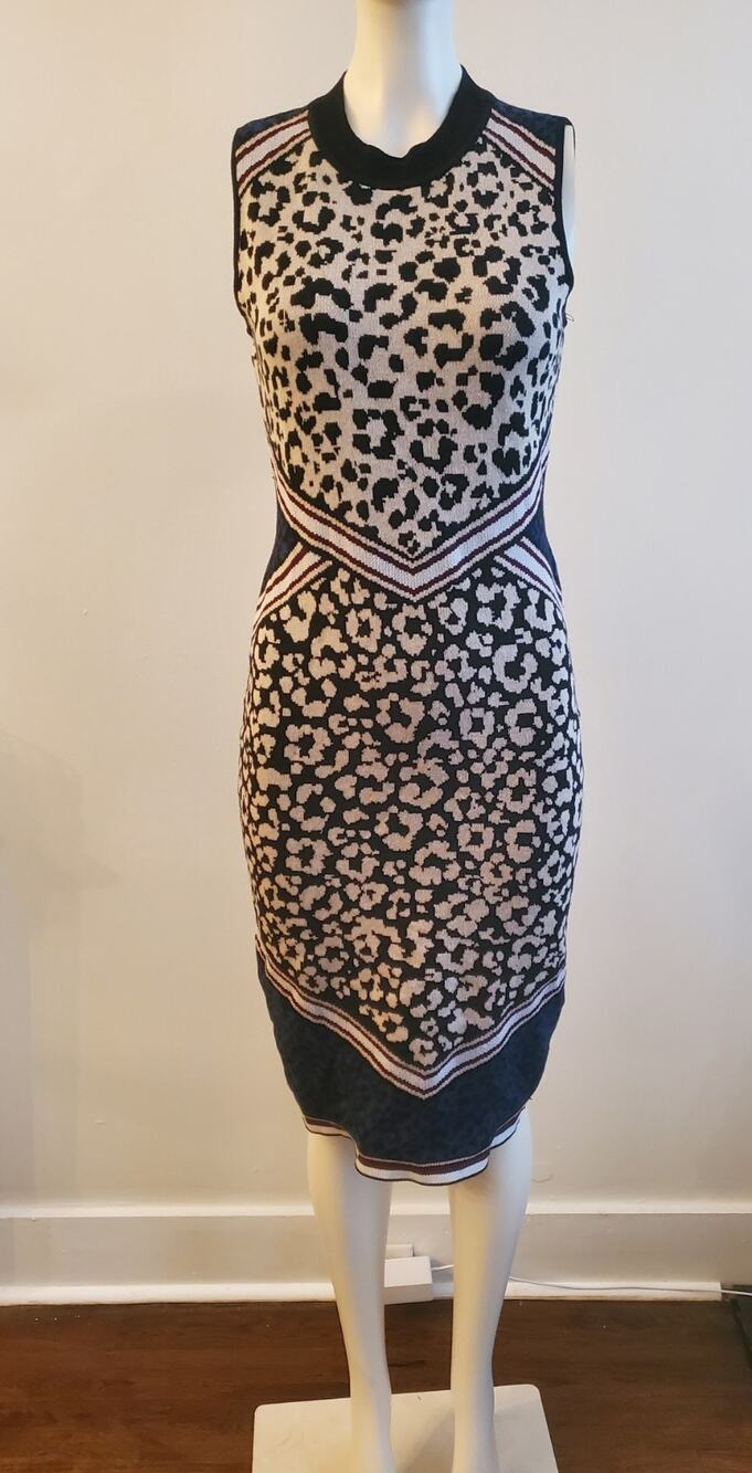 Vince Camuto Womens Leopard Animal Print Knit Sleeveless Bodycon Dress Small